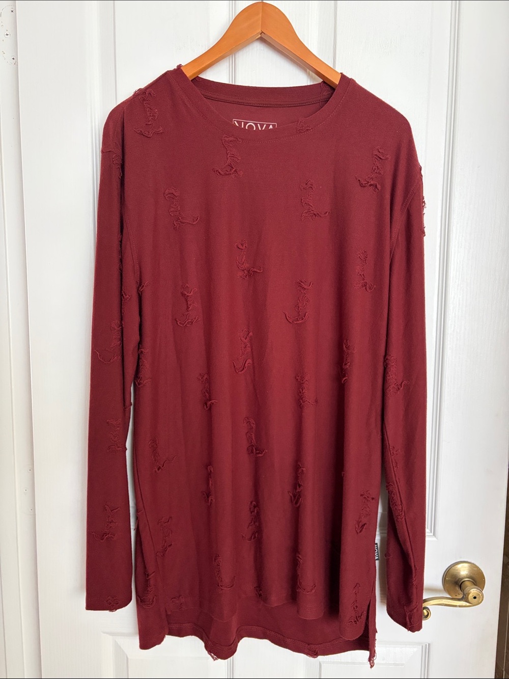 Distressed Long Sleeve Tee - Burgundy